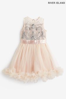 River Island Girls Pink Cold Shoulder Rosette Hem Dress (D35834) | NT$2,790