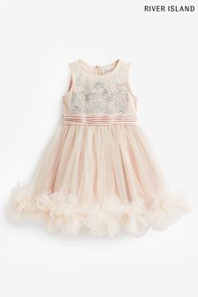 River Island Girls Pink Cold Shoulder Rosette Hem Dress (D35851) | $91