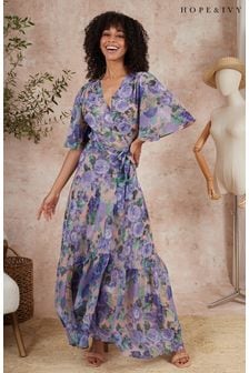 Hope and Ivy Purple Floral Flutter Sleeve Maxi Wrap Dress (D36256) | €54
