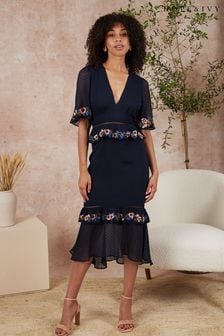 Hope and Ivy Navy Blue Embroidered Mesh Peplum Dress (D36257) | €79