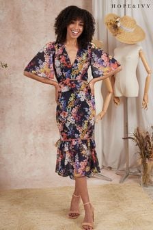 Hope and Ivy Navy Blue Floral Peplum Waist Midi Dress (D36258) | $124
