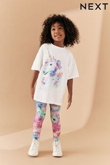 unicorno Rosa/Viola/Bianco Paillettes - Completo T-shirt oversize e leggings (3-16 anni) (D36502) | €27 - €36