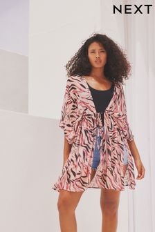 Pink Zebra Longline Tie Waist Kimono Cover-Up (D36988) | $48