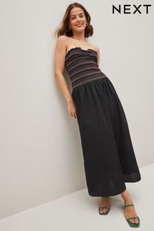 Black with Bright Embroidery Shirred Bandeau Summer Midi Dress (D37070) | €15