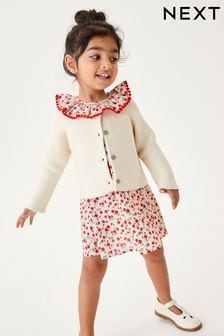 Cream/Red Ditsy Printed Dress And Cardigan Set (3mths-8yrs) (D37245) | €18 - €22