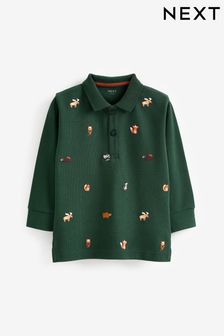 Green Woodland Animals Long Sleeve All Over Embroidered Polo Shirt (3mths-7yrs) (D37354) | €9 - €11