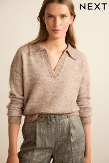 Maulwurfbraun - Pullover mit V-Ausschnitt und Kragen aus Prämiumwolle (D37361) | 40 €