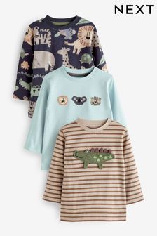 Charcoal Grey Safari Animals Long Sleeve Character T-Shirts 3 Pack (3mths-7yrs) (D37366) | $31 - $36