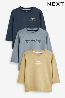 Marineblau/Khakigrün mit Mini-Dinosauriern - Langärmelige T-Shirts mit Figurenmotiven, 3er-Pack (3 Monate bis 7 Jahre) (D37376) | 16 € - 19 €
