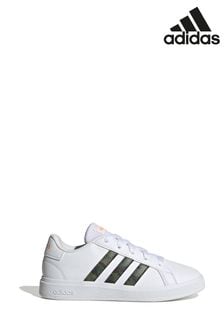 adidas White/Green Camo Sportswear Grand Court Lifestyle Tennis Lace-Up Kids Trainers (D37635) | €47