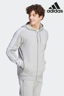 adidas Grey Sportswear Essentials Fleece 3-Stripes Full-Zip Hoodie (D38312) | $69