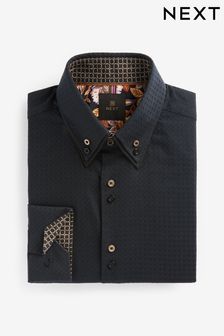 Black Contast Button Regular Fit Double Collar Textured Trimmed Shirt (D38583) | €21.50