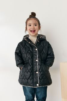 Charcoal Grey Shower Resistant Heart Quilted Padded Coat (12mths-7yrs) (D38747) | €30 - €33