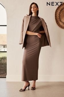 Mink Brown Asymmetric Premium Midi Dress (D39168) | LEI 354
