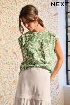 Green William Morris Print Crew Neck Linen Look Sub Jersey Cap Sleeve T-Shirt (D39169) | 606 UAH
