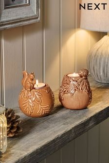 Set of 2 Terracotta Squirrel Ceramic Tea Light Candle Holders (D39198) | ₪ 46