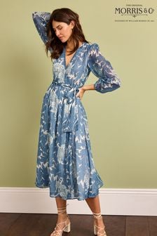 Niebieski Morris & Co. we wzór - Niebieska kopertowa sukienka midi Morris & Co.tulip z nadrukiem (D39278) | 344 zł