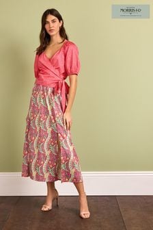 Morris & Co Pink Floral Morris & Co. Daffodil Pink Floral Cotton Waisted Midi Skirt (D39281) | DKK176