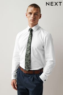 Bela/gozdna zelena cvetlična - Klasičen kroj, enojna manšeta - Komplet srajce za posebne priložnosti in kravate (D39550) | €14