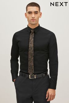 Schwarz/Gelb/Goldfarben/Paisleymuster - Slim Fit, einfache Manschetten - Hemd mit einfacher Manschette und Krawatte im Set (D39586) | 25 €