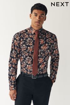 Navy Blue/Rust Orange Floral Slim Fit Single Cuff Occasion Shirt And Tie Pack (D39589) | €19