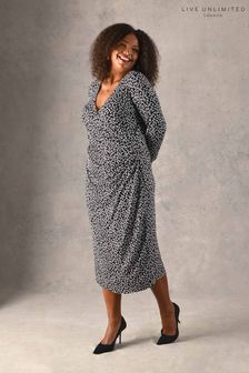 Live Unlimited Curve Mono Curl Print Mock Wrap Jersey Midi Black Dress (D39696) | €30