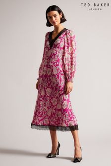 Ted Baker Pink Izobele Long Sleeve Midi Dress With Lace Trim (D40081) | €99