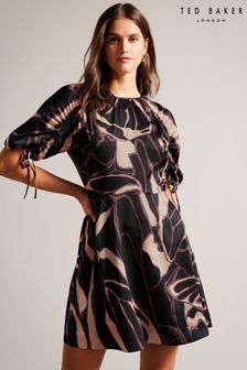 Ted Baker Gilliaa Black Printed Mini Fit And Flare Dress With Puff Sleeve (D40149) | 101 €