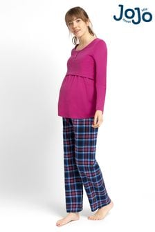 JoJo Maman Bébé Fuchsia/Navy Check Maternity & Nursing Pyjama Set (D41007) | OMR20