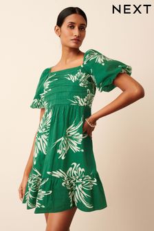 Зеленый/белый с цветочным принтом - Свободное платье мини с пышными рукавами (D41020) | €26