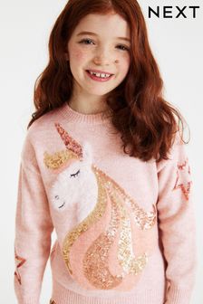 Pink Sequin Unicorn Knitted Jumper (3-16yrs) (D41081) | Kč950 - Kč1,140