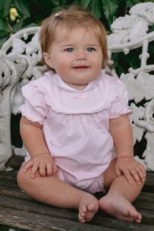 Emile Et Rose Romper with Rosebud Embroidery and Lace Trim (D41175) | $68
