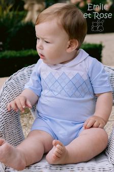 Emile Et Rose Romper with Argyle Embroidery and Hat (D41177) | $82