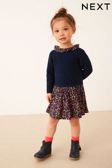 Navy Blue Jumper Dress With Printed Skirt (3mths-7yrs) (D41669) | €20 - €23