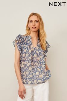 Blue Floral Flutter Sleeve Pintuck V-Neck Short Sleeve Blouse (D41972) | 21 €