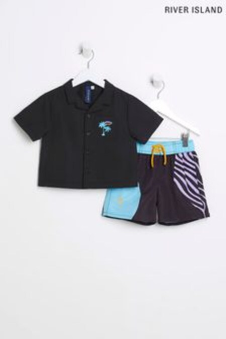 River Island Boys Wavy Black Swim Shirt Set (D42425) | $57