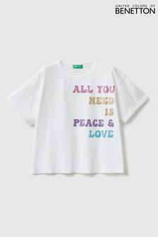 Benetton White Glitter Slogan T-Shirt (D42536) | $26