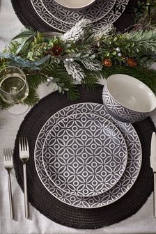 Charcoal Grey Geo Embossed Set of 4 Dinner Plates (D42657) | $41