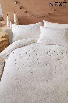 Cream Teddy Borg Fleece Embroidered Star Duvet Cover and Pillowcase Set (D42833) | 60 € - 100 €