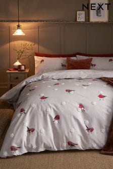 Grey Tufted Snowy Robin 100% Cotton Duvet Cover and Pillowcase Set (D42842) | $73 - $135