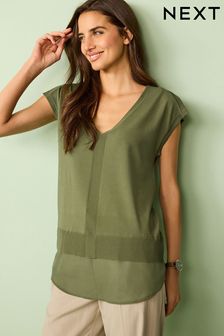 Khaki Green Split Shoulder Short Sleeve Knit Layer Top (D43047) | 90 zł