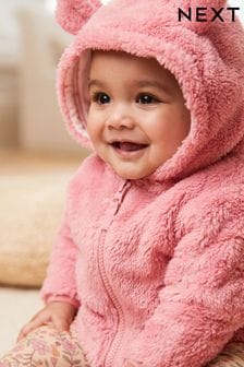 Růžová - Pohodlná plyšová bunda s beránkem a medvědem, pro miminka (0 m -2 let) (D43147) | 530 Kč - 570 Kč
