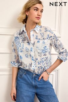 White/Blue Printed 100% Cotton Long Sleeve Shirt (D43159) | TRY 746