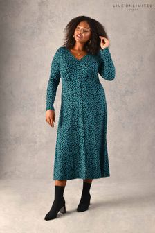 Live Unlimited Curve Green Curl Print Button Through Jersey Midi Dress (D43182) | €31