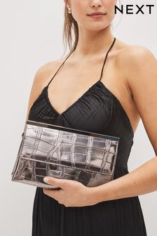 Pewter Croc Effect Clutch Bag with Cross-Body Chain (D43326) | TRY 343