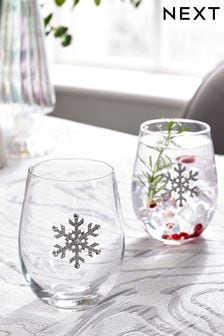Set of 2 Silver Snowflake Broach Stemless Wine Glasses (D43482) | $21