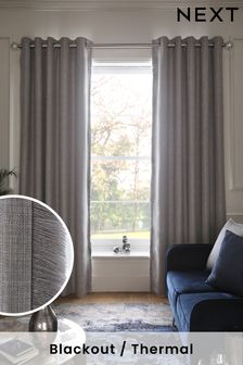 Grey Textured Fringe Eyelet Blackout/Thermal Curtains (D43691) | €24 - €59