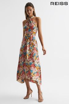 Reiss Pink/Neutral Electra Floral Printed Halter Neck Midi Dress (D43765) | AED1,714