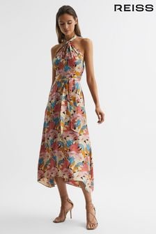 Reiss Pink/Neutral Electra Floral Printed Halter Neck Midi Dress (D43765) | $421