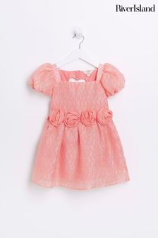 River Island Girls Pink Textured Puff Sleeve Dress (D43980) | $49